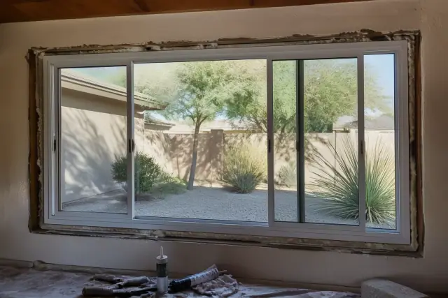 Sliding aluminum window installation in progress on a stucco wall at a jobsite in Phoenix, AZ.