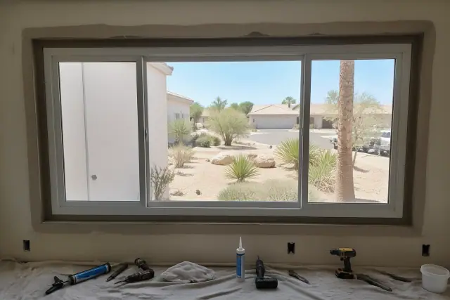 New window frame installed in a stucco home with tools on a drop cloth in Phoenix, AZ.