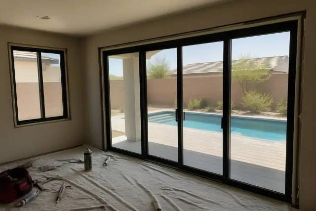 Sliding patio door frame installation in a Phoenix, AZ home with tools and sealing materials on a drop cloth.