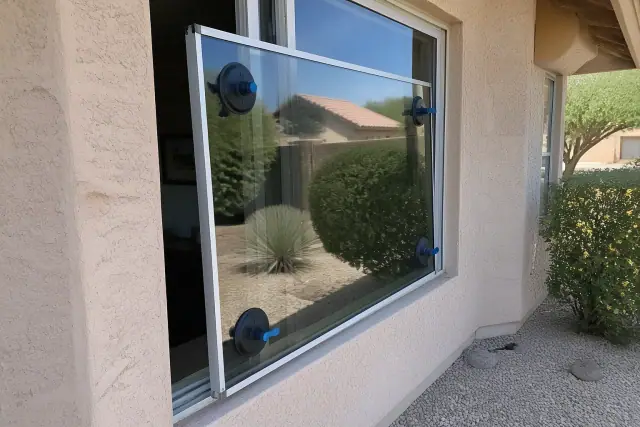 A new glass insert being installed in a sliding window frame at a home in Phoenix, AZ.