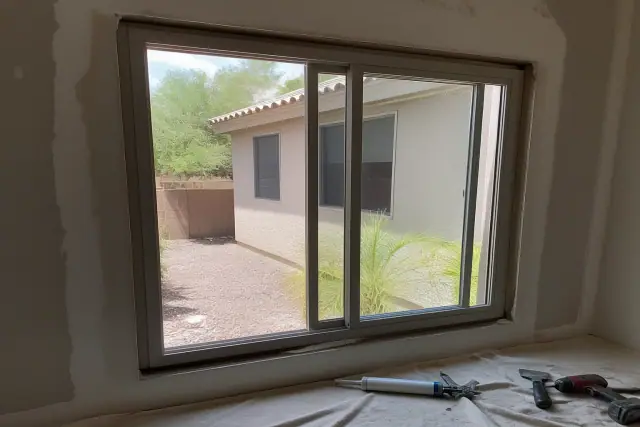 Sliding window installation in progress on a stucco home in Phoenix, AZ, with tools visible on a drop cloth.