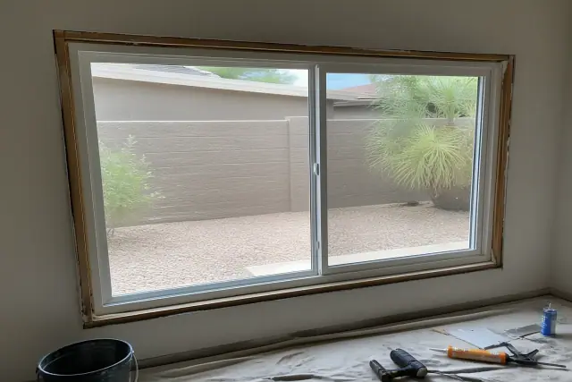 Sliding window frame installed in a residential wall opening at a job site in Phoenix, AZ.