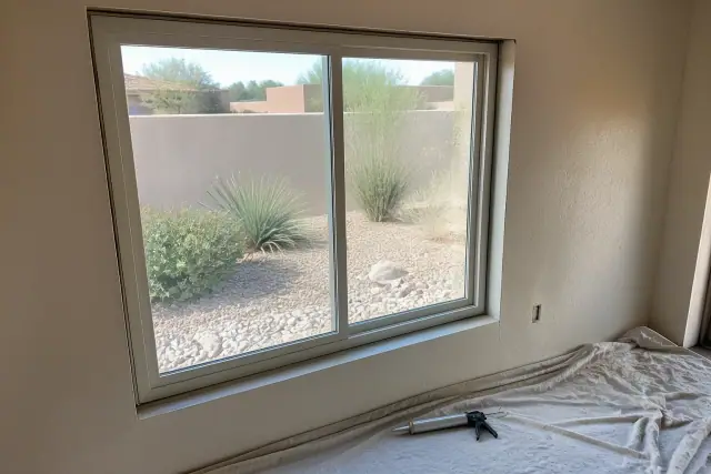 Sliding window frame installation on a stucco wall with tools on a drop cloth in Goodyear, AZ.