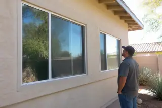 Contractor observing newly installed sliding windows on a stucco home in Phoenix, AZ with a desert yard.