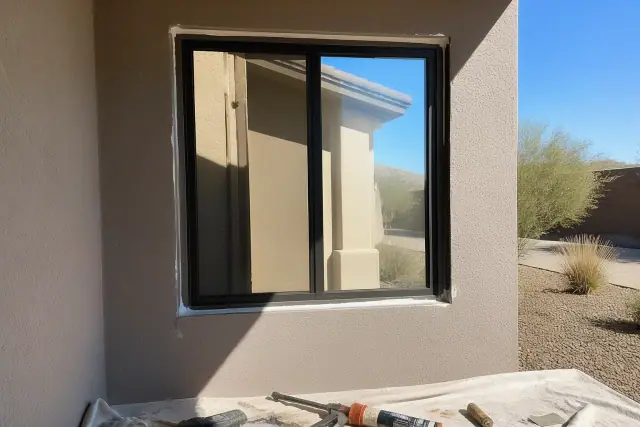 A window frame installed in a stucco wall with construction tools on a drop cloth at a job site in Phoenix, AZ.