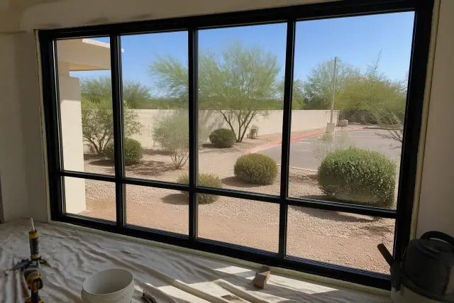 Commercial window frame installation with tools on a drop cloth in Phoenix, AZ, overlooking a sunny desert landscape.