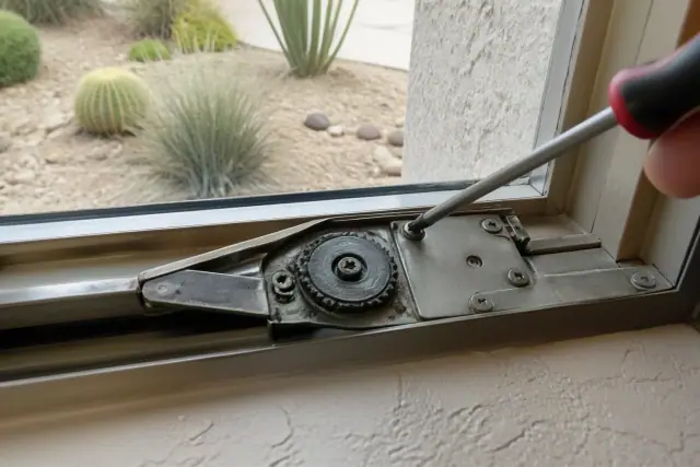 A hand tool tightening a casement window sash with a worn crank gear at a jobsite in Phoenix, AZ.