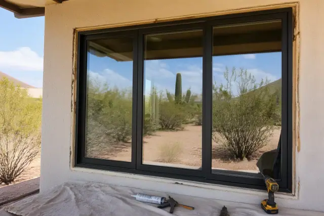 Thermal-break aluminum window frame installed in a stucco wall at a jobsite in Phoenix, AZ.