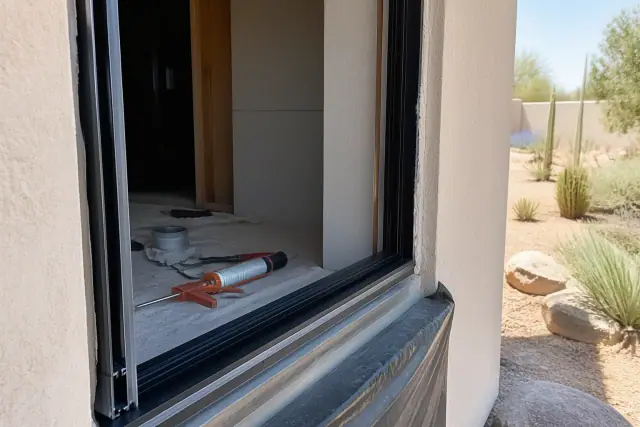 Thermal break inside an aluminum window frame on a Phoenix, AZ jobsite with tools and desert landscaping in the background.