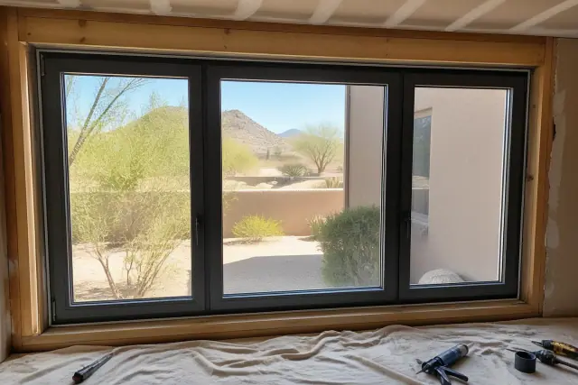 Triple-pane casement window installation in progress on a construction site in Phoenix, AZ.