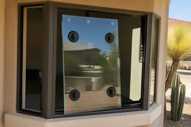 Triple-pane glass being installed into a bay window at a residential jobsite in Phoenix, AZ.