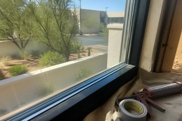 Triple-pane commercial window installation with tools on a drop cloth in Phoenix, AZ.