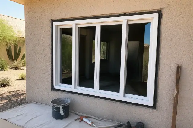 UV-stabilized multi-chamber vinyl window frame installed in a stucco wall at a job site in Phoenix, AZ.