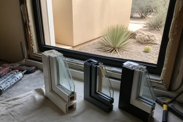 Vinyl, aluminum, and hybrid window frame profiles installed in a stucco wall at a Phoenix, AZ jobsite.