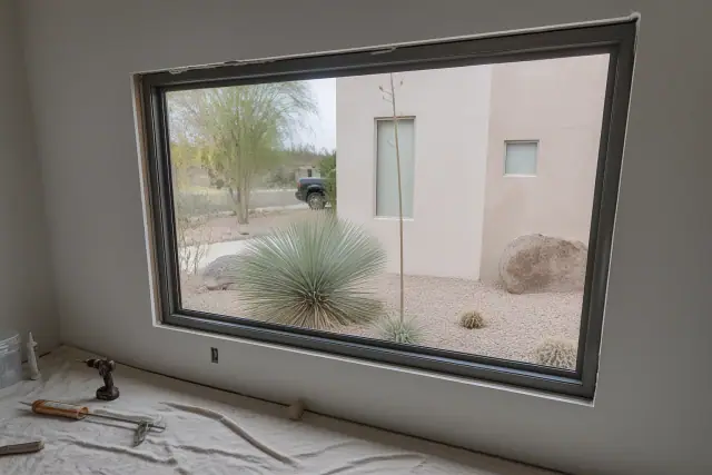 Vinyl, aluminum, and wood picture window frame installed in a wall during a home renovation in Phoenix, AZ.