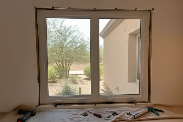 Vinyl casement window installation in progress on a stucco wall in Phoenix, AZ, with tools visible on a drop cloth.