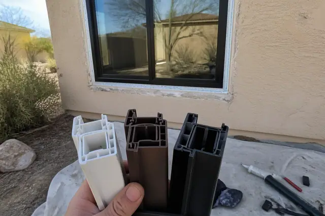Close-up of vinyl, fiberglass, and thermal-break window frames installed in a home in Phoenix, AZ.