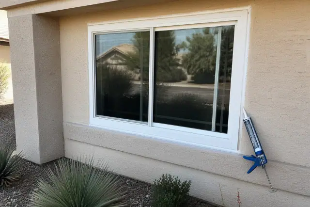 Caulking the exterior trim of a newly installed vinyl window on a stucco house in Phoenix, AZ.