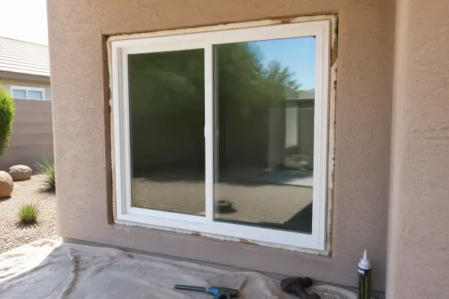 Vinyl window frame installation in progress on a stucco wall at a job site in Gilbert, AZ.