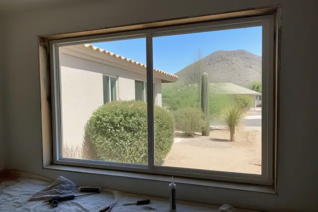 New vinyl window frame installed in a wall opening at a jobsite in Phoenix, AZ, with tools visible on a drop cloth.