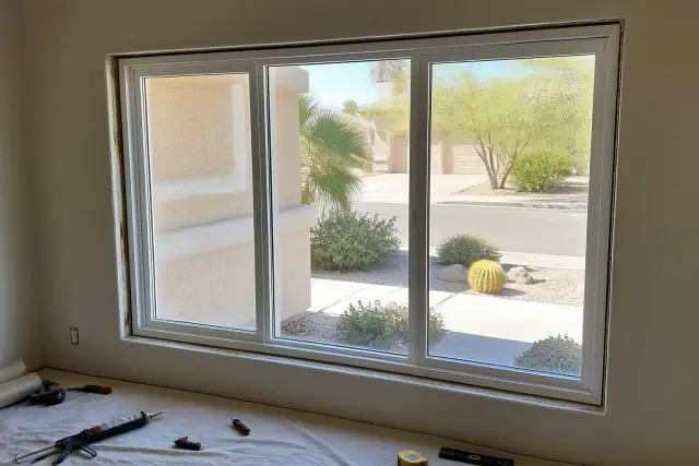 Newly installed vinyl window frame with tools on a drop cloth at a residential job site in Glendale, AZ.