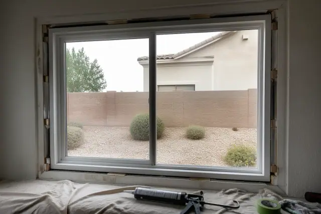 Vinyl window frame installation in progress on a stucco wall at a job site in Goodyear, AZ.