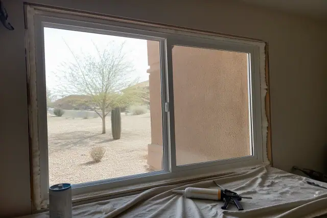 Vinyl window frame installation in a Surprise, AZ home with sealant, tools, and desert landscaping visible outside.