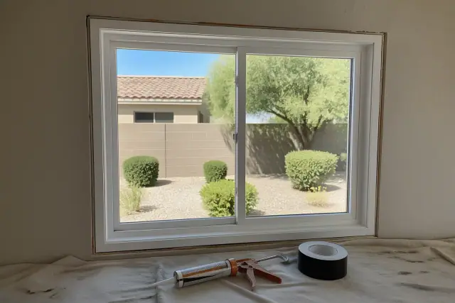 Newly installed white vinyl window frame with tools and sealing materials in a Tempe, AZ home.