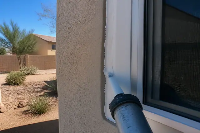 Freshly applied white sealant on a vinyl window frame against a stucco wall in Queen Creek, AZ.