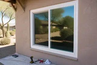 Finished vinyl window installation with clean caulk lines on a stucco home in Phoenix, AZ.
