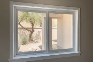 Finished vinyl window frame with clean interior trim in a Phoenix, AZ home overlooking a desert yard.