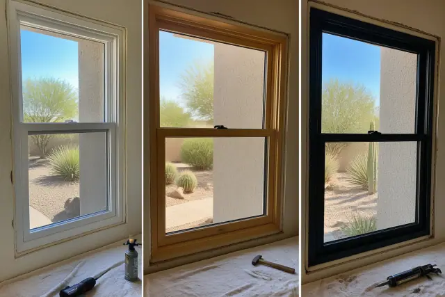 Close-up of vinyl, wood, and fiberglass window frames being installed in a stucco wall in Phoenix, AZ.