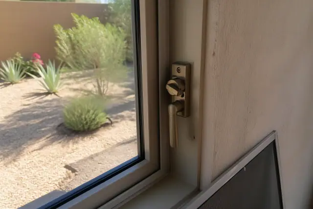 Technician inspecting a window lock and handle assembly during a repair in Phoenix, AZ.
