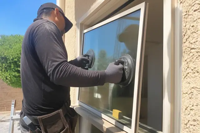 Technician using suction tools to install a replacement glass window into a stucco wall in Phoenix, AZ.