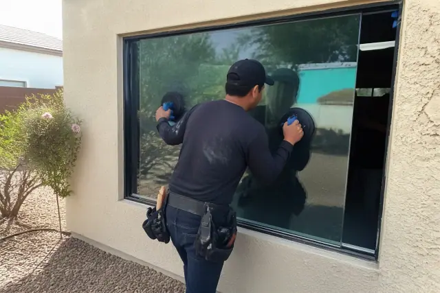 Technician installing a replacement glass insert into a residential window frame in Phoenix, AZ.