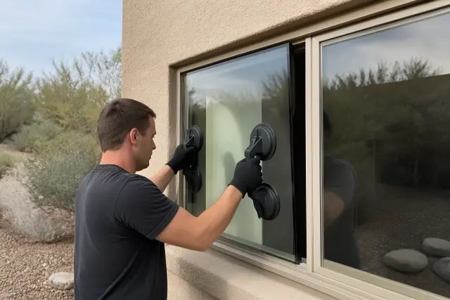 Technician installing a glass window insert using suction tools at a home in Queen Creek, AZ.
