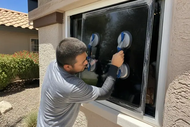 Technician using suction tools to install replacement window glass in a home in Glendale, AZ.