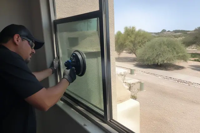 Technician using a glass suction tool to install a replacement window pane on a home in Surprise, AZ.