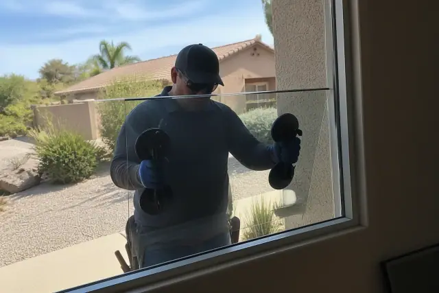 A technician uses suction tools to install a replacement glass window insert at a home in Chandler, AZ.