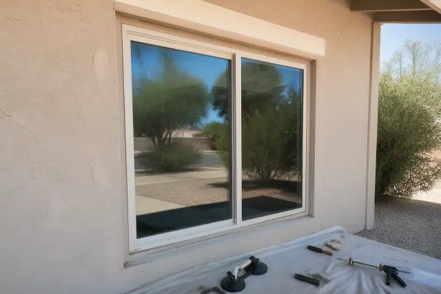 New window glass installed in a pale stucco home in Peoria, AZ, with tools and a suction lifter on a drop cloth.