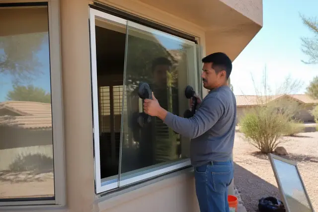 Technician using a suction tool to install a replacement glass pane in a Phoenix, AZ window.