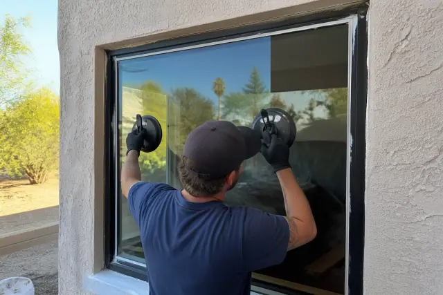 Technician using suction tools to install a replacement glass window pane at a job site in Tempe, AZ.