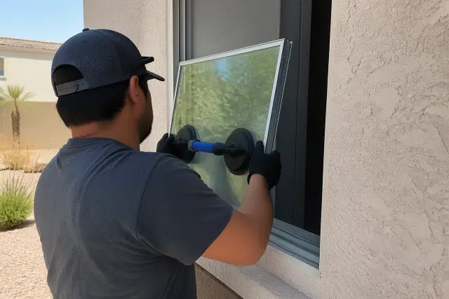 Technician installing a replacement glass window into a stucco home frame in Goodyear, AZ.