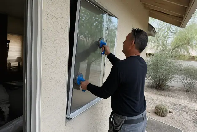 Technician installing a new glass pane into a window frame at a job site in Phoenix, AZ.