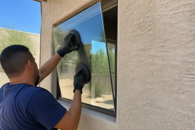 Technician using suction tools to install a replacement glass window insert at a residence in Scottsdale, AZ.