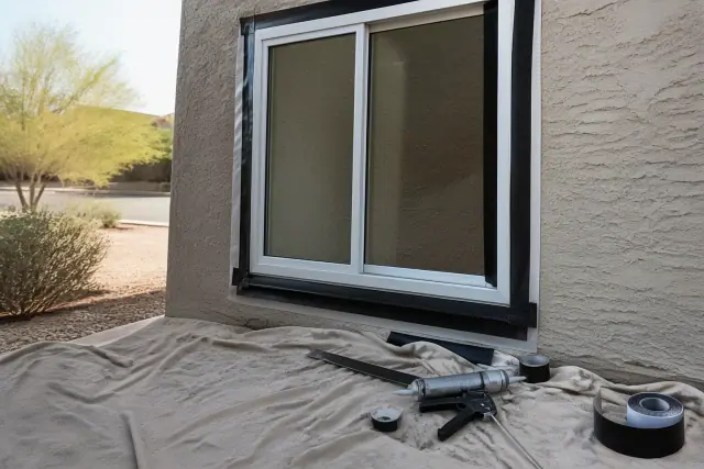 A window replacement in progress on a stucco wall in Phoenix, AZ, with a caulk gun and tape on a drop cloth.