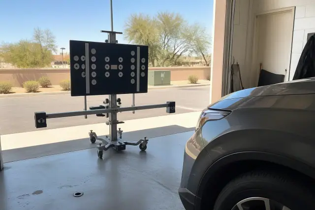 ADAS calibration target stand aligned to a vehicle in a service bay in Goodyear, AZ.