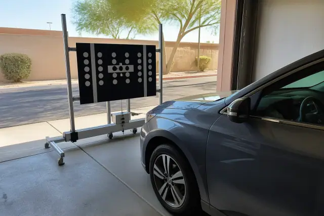 ADAS calibration target stand aligned in front of a vehicle at a service bay in Phoenix, AZ.