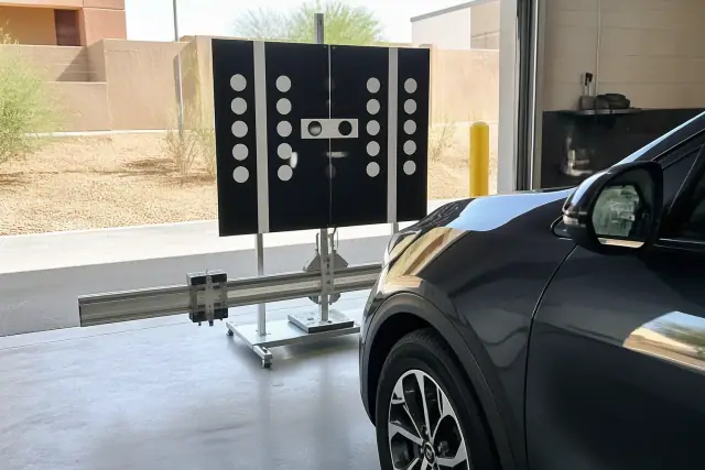 ADAS calibration target stand positioned in front of a vehicle in a Phoenix, AZ service bay.