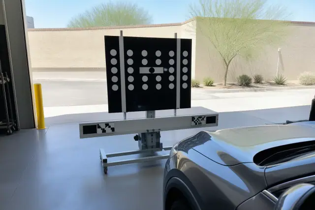 ADAS camera and sensor calibration equipment set up in front of a vehicle at a Phoenix, AZ service bay.